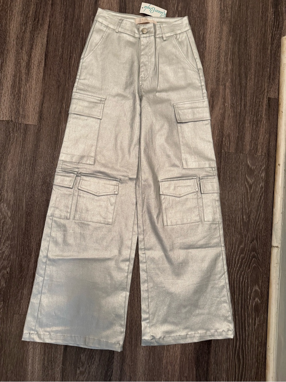 Wide-Leg Silver Cargo Pants with Utility Pockets